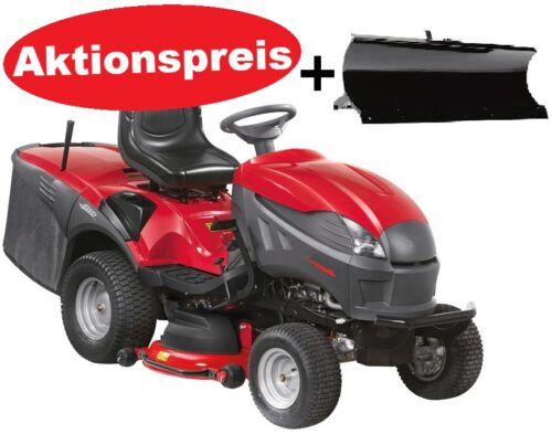 Rasentraktor Stiga mit Allrad AWD Hydrostat. Ein Aufsitzmäher mit Zweizylinder Motor, Allrad und Schneeschild für Winterdienst und Schneebeseitigung