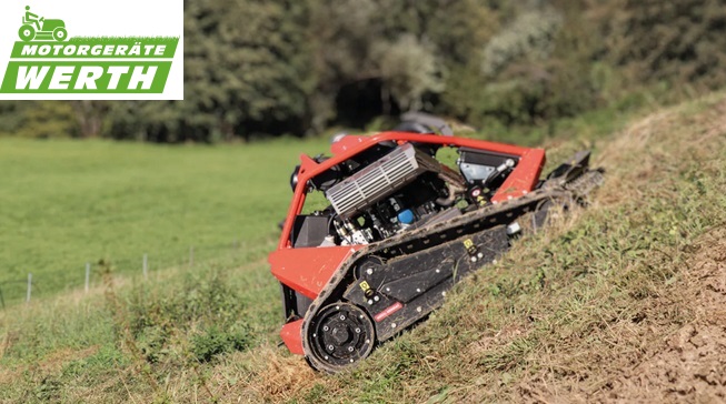 Mähraupe Sabo Thunder 85 C ferngesteuert Fernbedienung am steilen Hang Mulcher mit Raupe