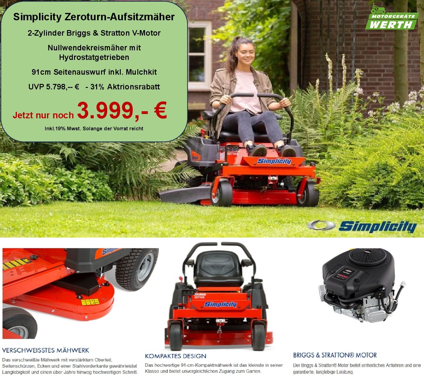 Simplicity Nullwendekreismäher Murray Zeroturn Aufsitzmäher SZT105 Kaufen Aktion Werth